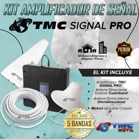 KIT Amplificador De Señal Celular TMC Signal PRO Repetidor Redes 4GLTE con antenas FULL BAND 700 - 2600 MHz